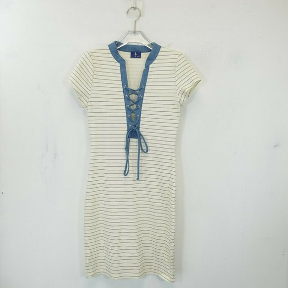 MEDIUM Cream‎ Blue Bodycon Dress MEDIUM Sexy Lace-Up V Neck Casual Summer Stripe - Picture 1 of 8